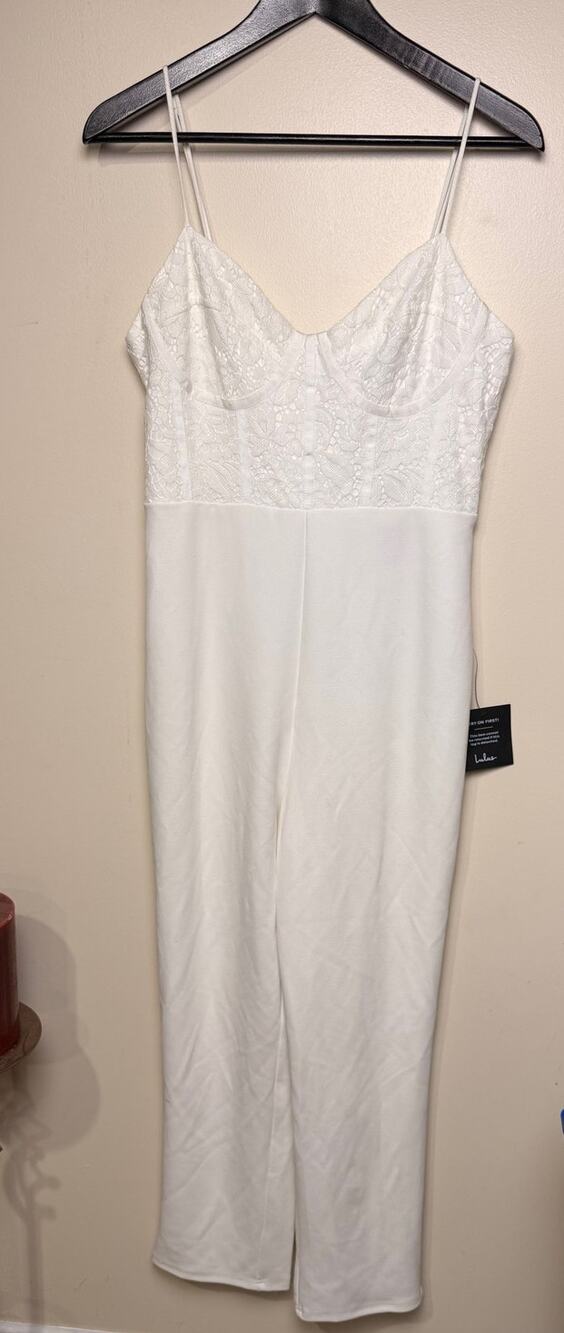 Lulus Eloquently Enticing White Beige Lace Bustier Jumpsuit Medium Wedding Bride